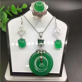 J. xin yuan Fine jewelry Gamtos green jade juvelyrika žiedas, karoliai, auskarai, žiedas 925 tris chalcedony kostiumas
