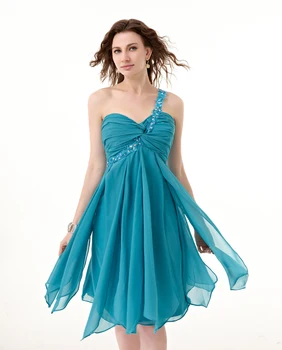 Mėlyna 2018 Homecoming Suknelės-line Vieno peties, Kelio Ilgio Šifono Puošnios Nėrinių Backless Elegantiškas Kokteilių Suknelės