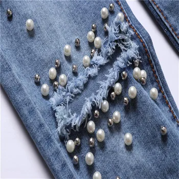 Puošnios perlų ponios džinsus ruožas stora atsitiktinis slim modeliai kniedės džinsai vasaros skylė kelnių juosmens džinsai