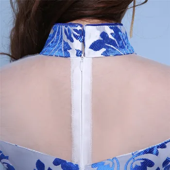 Šanchajaus Istorija trumpomis rankovėmis mėlyna ir balta porceliano Suknelė ilgai Qipao kinų tradicinė suknelė Rytų Suknelė moterims