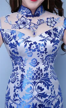 Šanchajaus Istorija trumpomis rankovėmis mėlyna ir balta porceliano Suknelė ilgai Qipao kinų tradicinė suknelė Rytų Suknelė moterims
