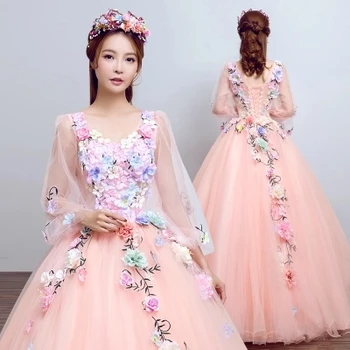 Realių šviesiai šviesiai rožinė/4 spalvų fėja ilgomis rankovėmis cosplay kamuolys suknelė royal princess Viduramžių ir Renesanso Viktorijos suknelė Belle