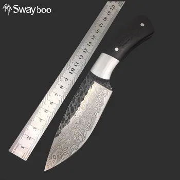 Swayboo Tiesiai Rankų darbo, kaltiniai Damasko Plieno modelio medžioklės peilis fiksuotais ašmenimis peilis 58HRC ebony rankena