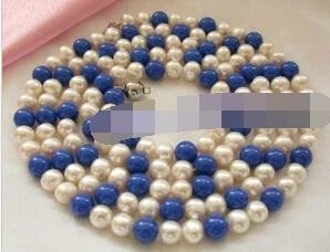 Greitai shupping 08150 nuostabiu klasikinis 7mm baltų gėlavandenių perlų mėlynas lazuritas karoliai AAA