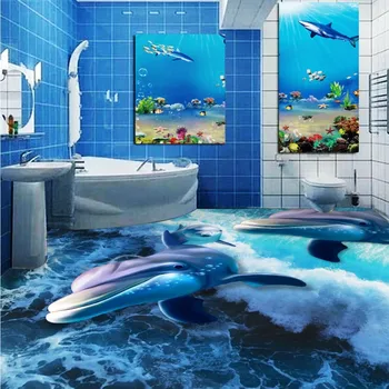 Nemokamas Pristatymas Bangų, delfinų, vonios kambario, miegamojo 3D tapetai, grindų, neslidžia vandeniui nešioti grindų sieniniai