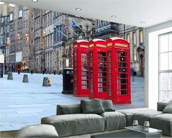 WDBH užsakymą freskos 3d tapetai Europos gatvės raudona telefono sandėliuku tapybos 3d sienų freskomis tapetai gyvenimo kambario sienos 3d
