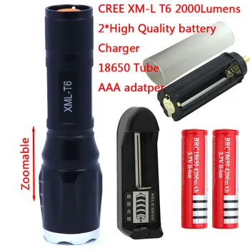 CREE XML T6 2000 Liumenų Zoomable LED Žibintuvėlis Žibintuvėlis šviesos Sidabro ataka Vadovas (3xAAA arba 1x18650)+2*Baterija + Kroviklis