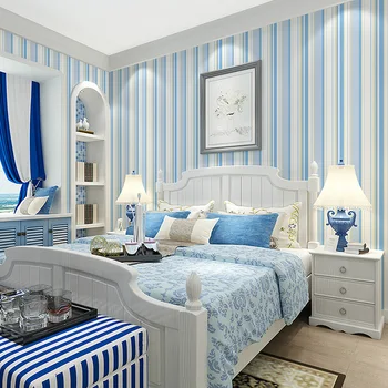 Beibehang Viduržemio jūros mėlyna vertikaliai dryžuotų tapetų kambarį miegamojo lovos fone paprasta šiuolaikinės dryžuotų tapetų