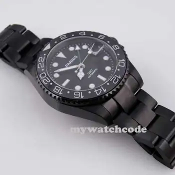 40mm parnis black dial PVD GMT safyro stiklas, automatinė mens watch200