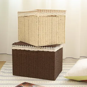 Su austi šiaudų megzti talpinimo apdailos dėžutės laikymo dėžutė padengta didelis drabužių laikymo dėžutė šiukšles saugojimas
