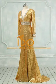 Mados Aukso Blizgučiais Vakaro Suknelės ilgomis Rankovėmis V-kaklo Prom Šalis Suknelės Įžymybė Musulmonų Seksualus Prom Oficialų Suknelė 2017 (SW-09)