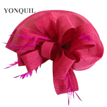 NAUJAS ATVYKIMO didelis imitacija sinamay skrybėlės, plunksnos gėlių fascinators šalies skrybėlės, vestuvių plaukų aksesuarai vestuvių skrybėlės, skrybėlės kokteilis