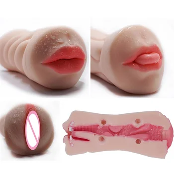 Mlsice Dual-Channel 3D Giliai Gerklės su Liežuviu Dantis Mergautinė Dirbtinės Makšties Vyrų Masturbators Oralinio Sekso Žaislai Pūlingas Vyrams