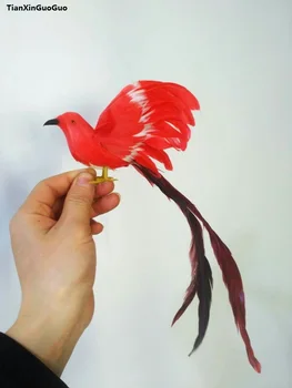 Apie 20x28cm raudona plunksnų paukštis sunkiai modelis putų&plunksnos skleisti sparnus paukštis su ilga uodega apdailos prop,amatų s1287