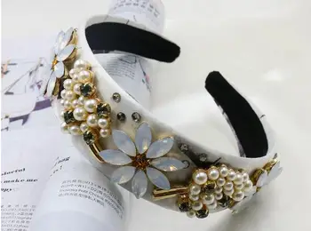 2017 Markės dizaino papuošalų derliaus barkentyna metalo, kristalų, perlų balta velvet plati elastinga lankelis moterų plaukų aksesuarai