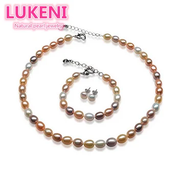 Vaivorykštės spalvų Mados perlų papuošalų rinkinys moterims, 8-9mm aukštos kokybės natūralių perlų vėrinį & apyrankę &Auskarai Nemokamas pristatymas